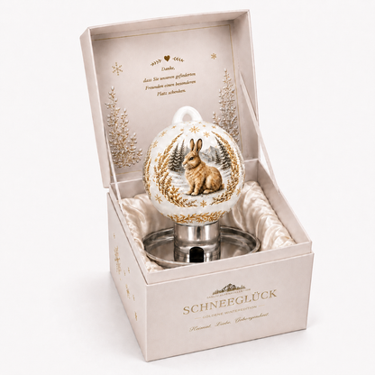 Weiße Premium Vogelfutterkugel mit Schneehasen-Motiv in hochwertiger Geschenkverpackung für Naturliebhaber und Vogelfreunde