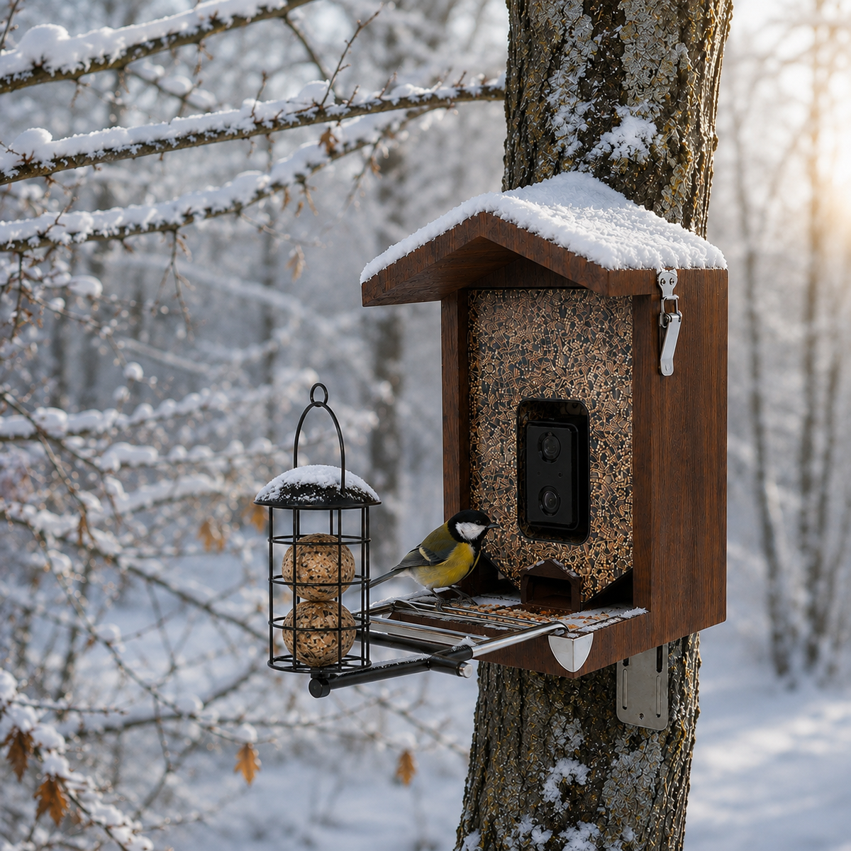 Vogelhaus mit Kamera im verschneiten Winterwald – modernes Vogelfutterhaus zur Vogelbeobachtung