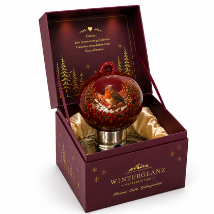Rote Premium Vogelfutterkugel mit Rotkehlchen-Motiv in hochwertiger Geschenkverpackung für Vogelliebhaber