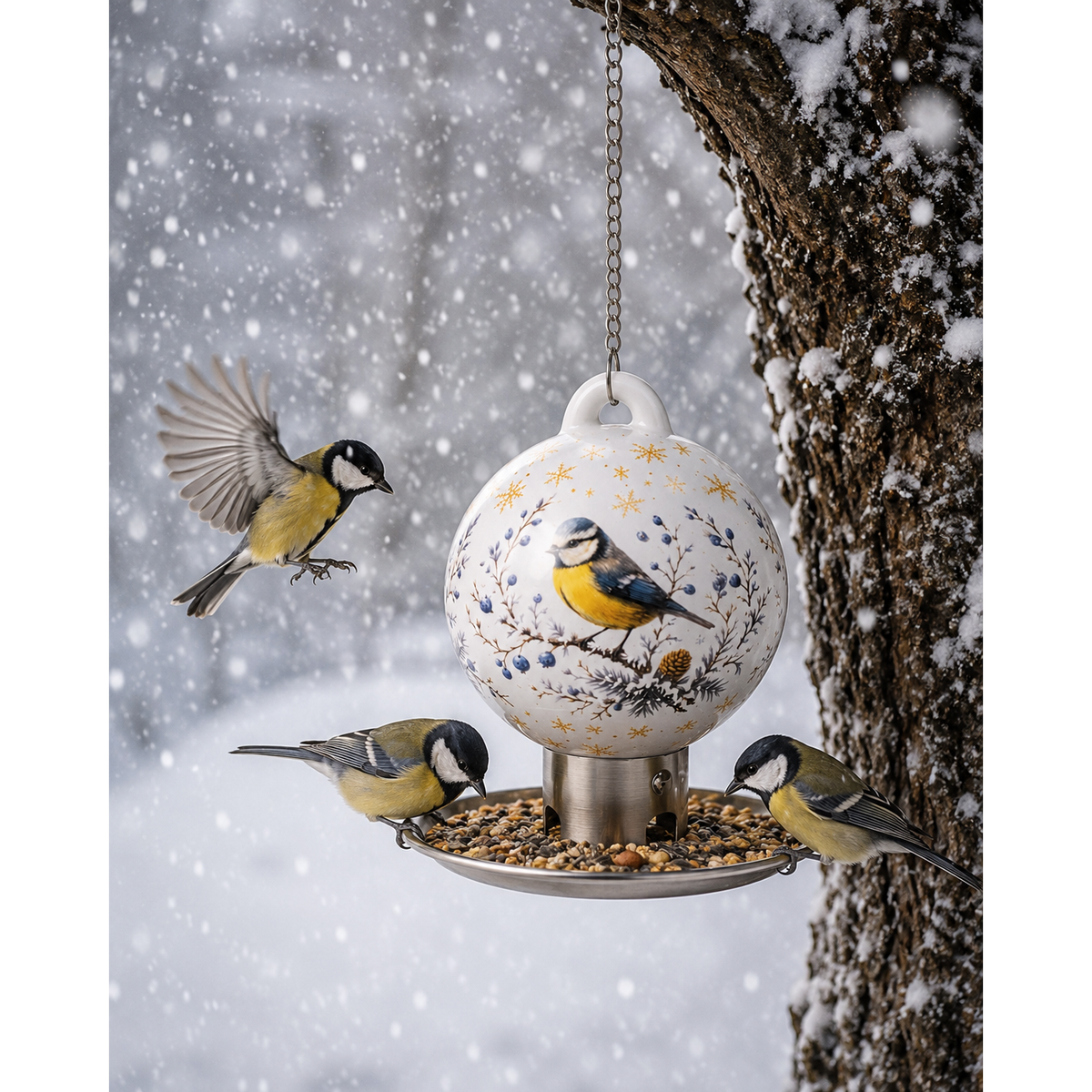 Weiße Premium Vogelfutterkugel mit Blaumeisen-Motiv im winterlichen Garten, wetterfester Futterspender für heimische Wildvögel