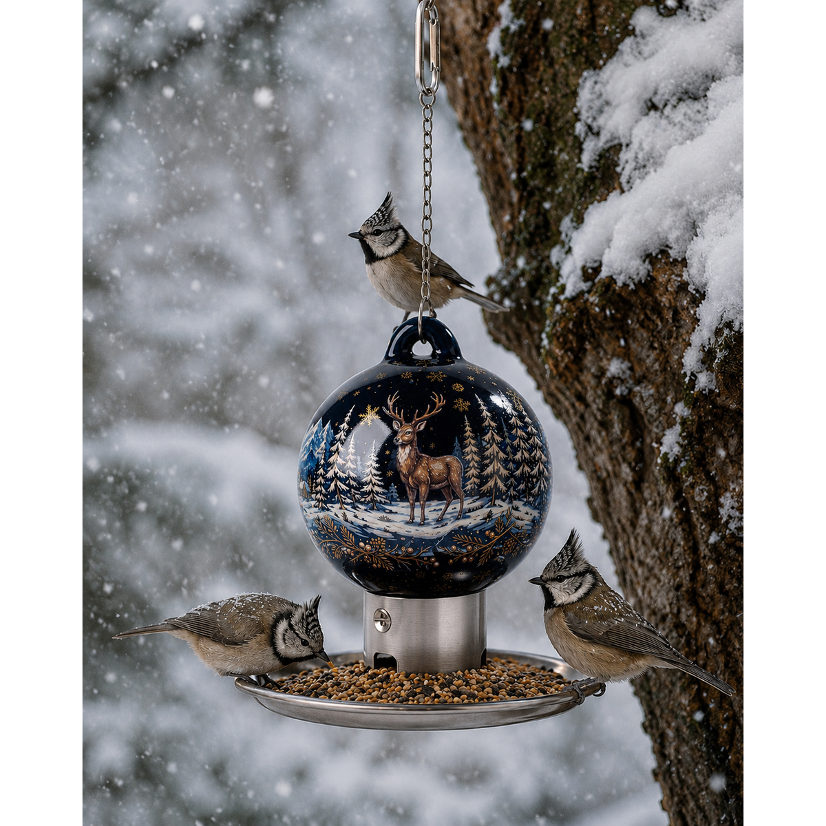 Blaue Premium Vogelfutterkugel mit Hirsch-Motiv im winterlichen Garten, wetterfester Futterspender für heimische Wildvögel