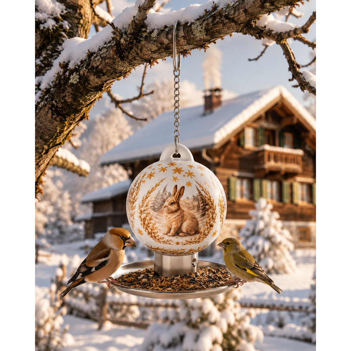 Weiße Premium Vogelfutterkugel mit Schneehasen-Motiv im winterlichen Garten, wetterfester Futterspender für heimische Wildvögel
