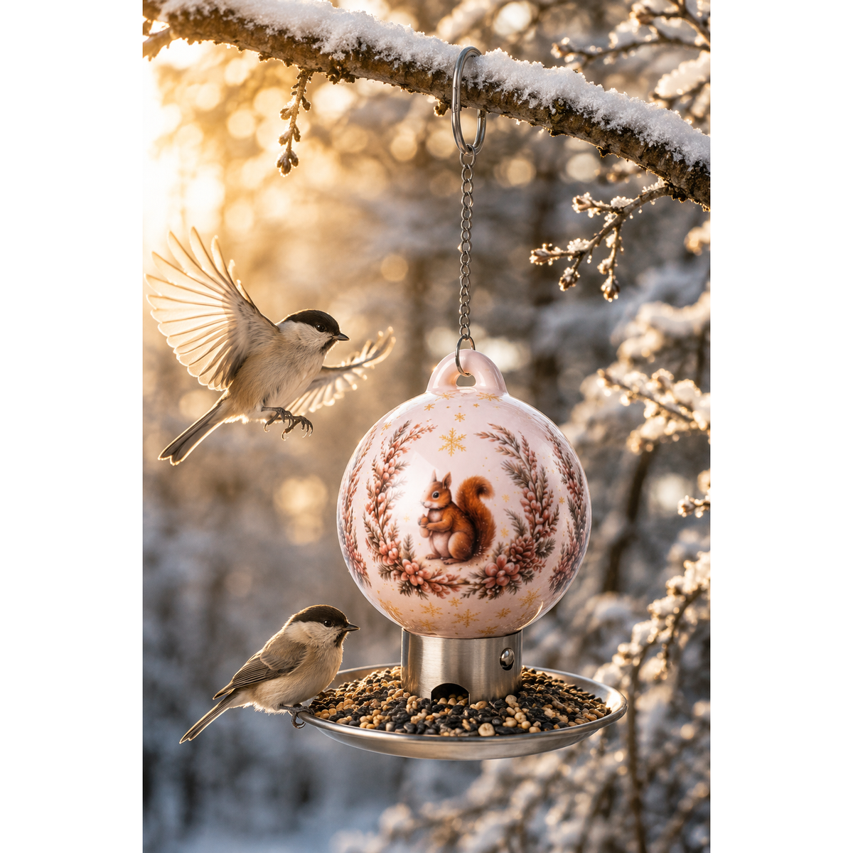 Weiße Premium Vogelfutterkugel mit Eichhörnchen-Motiv im winterlichen Garten, wetterfester Futterspender für heimische Wildvögel