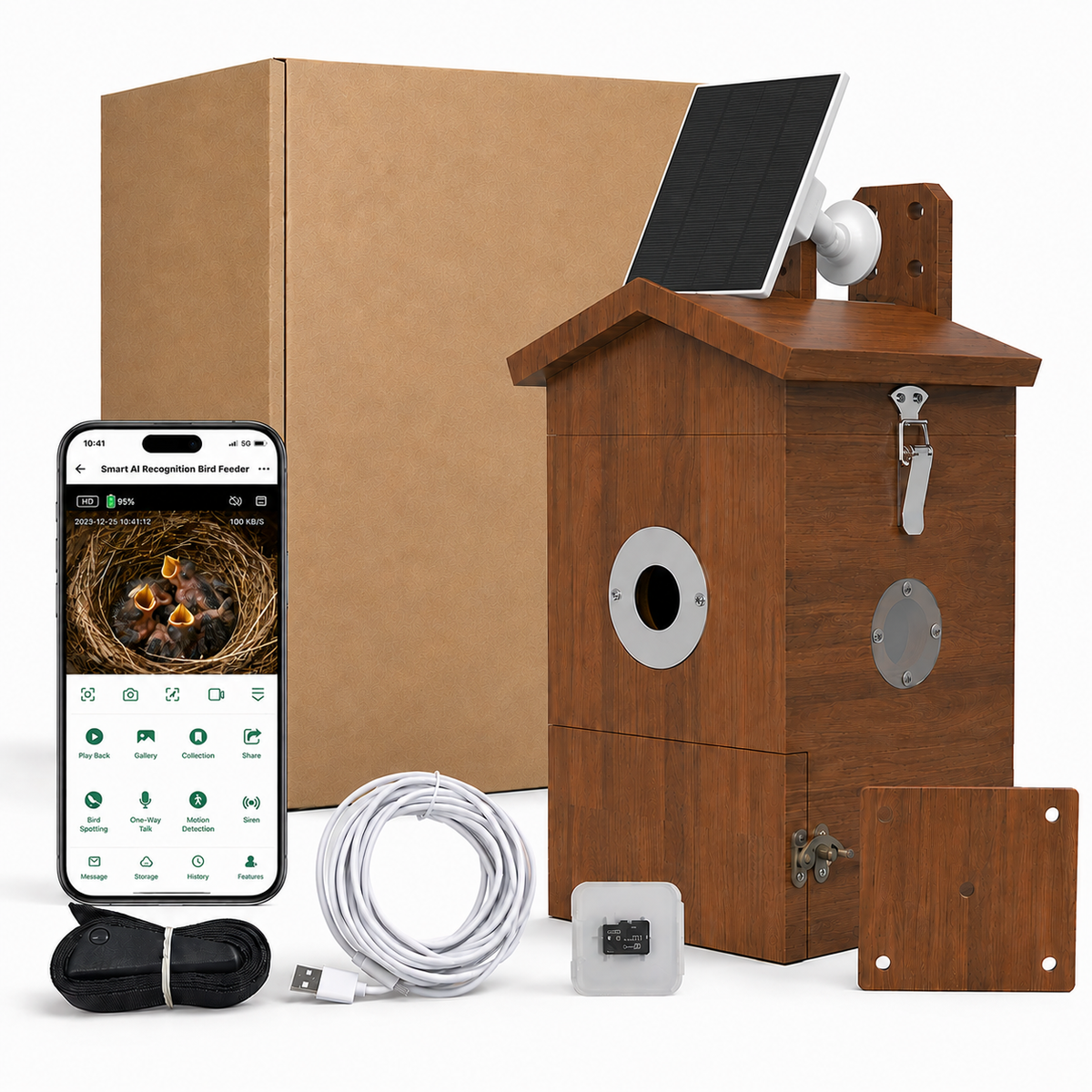 Vogelhaus mit Kamera – Live-Vogelbeobachtung per Smartphone Komplettset mit Solarpanel und Zubehör