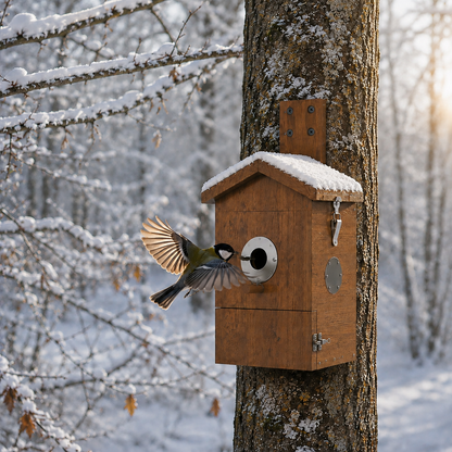 Nistkasten mit Kamera im verschneiten Winterwald – hochwertiger Vogelnistkasten zur Vogelbeobachtung