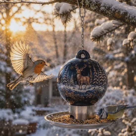 Premium Vogelfutterkugeln im Garten – Gartenvögel beim Fressen in natürlicher Umgebung