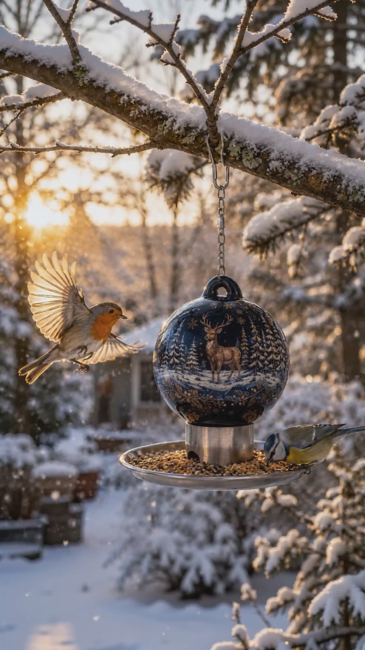Premium Vogelfutterkugeln im Garten – Gartenvögel beim Fressen in natürlicher Umgebung
