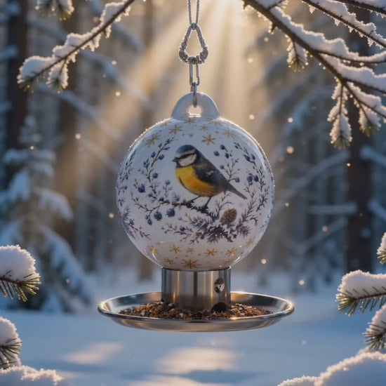 Premium Vogelfutterkugeln im natürlichen Garten – Vögel beim Knabbern und Fressen beobachten