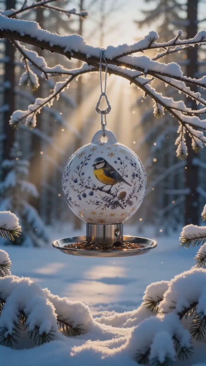 Premium Vogelfutterkugeln im natürlichen Garten – Vögel beim Knabbern und Fressen beobachten