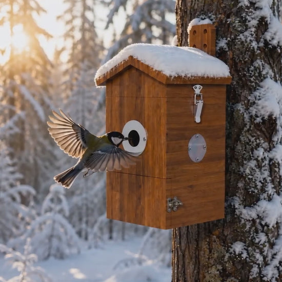 Nistkasten mit Kamera im verschneiten Winterwald – Produktvideo zur Vogelbeobachtung