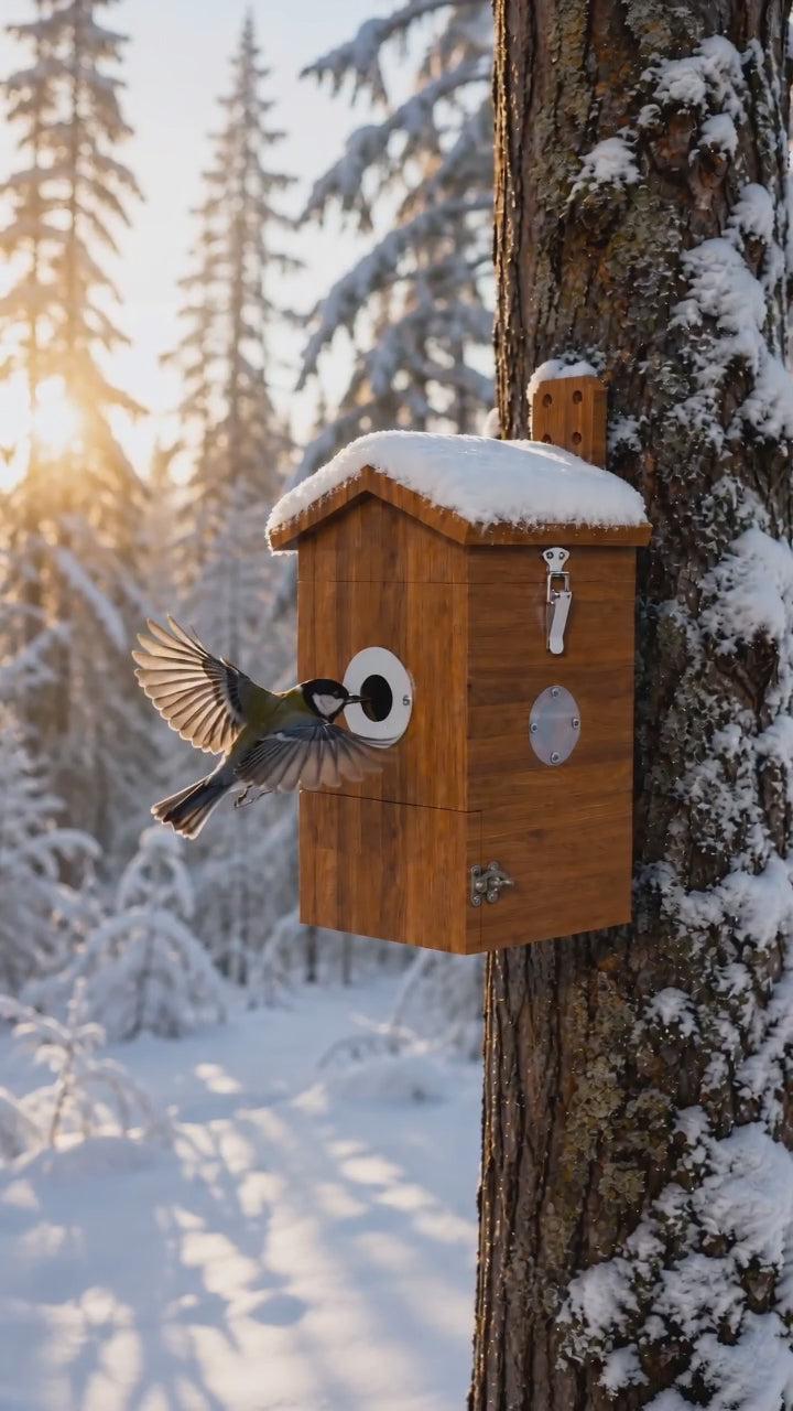 Nistkasten mit Kamera im verschneiten Winterwald – Produktvideo zur Vogelbeobachtung