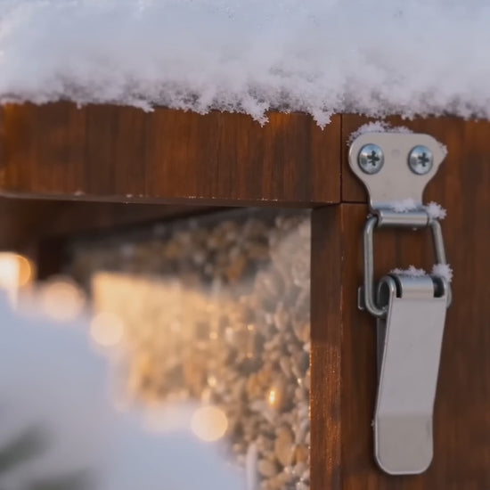 ogelhaus mit Kamera im verschneiten Winterwald – Produktvideo zur Vogelbeobachtung
