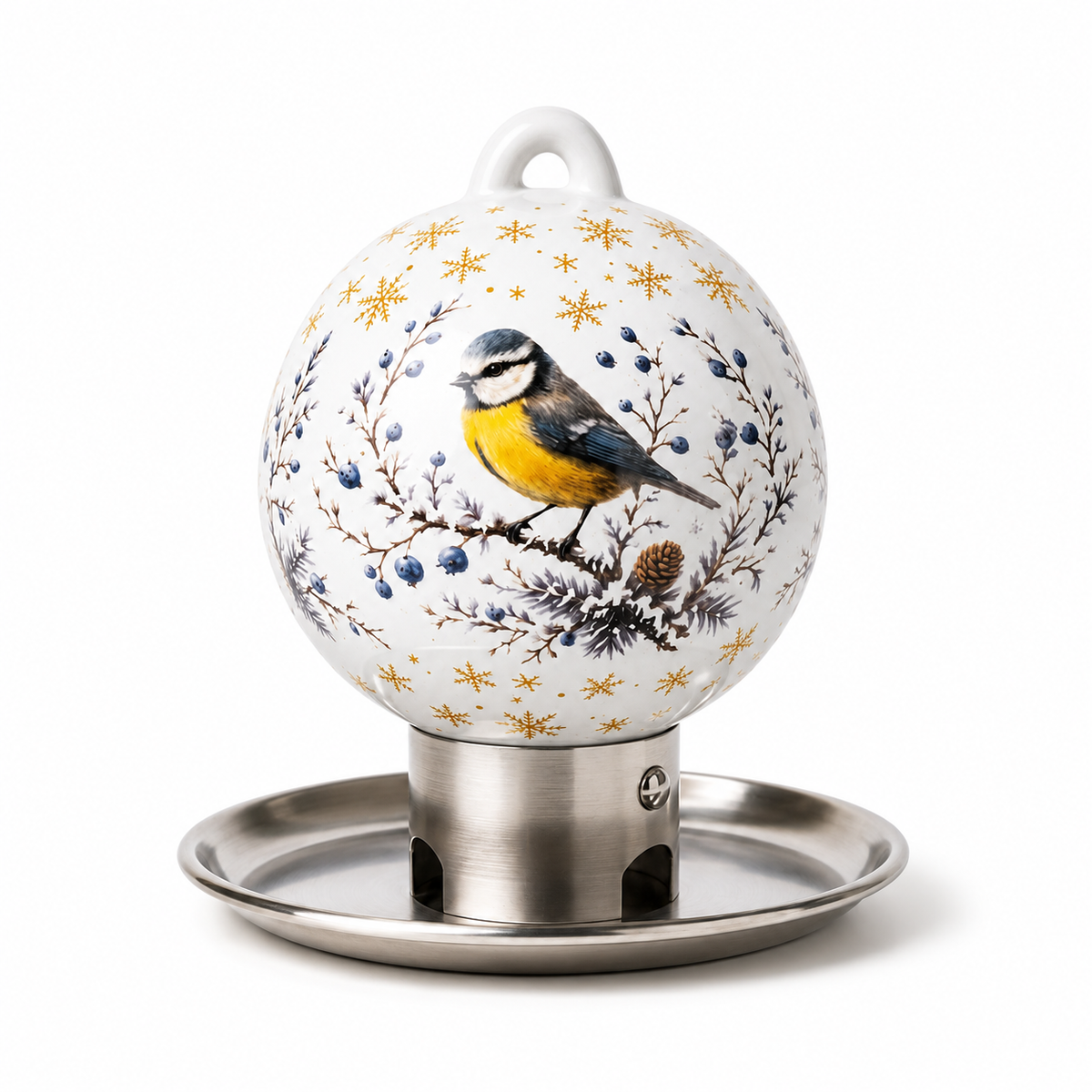 SANILU Gartenseele Premium Porzellan-Futterkugel mit Blaumeisen-Motiv und Edelstahl-Futterschale