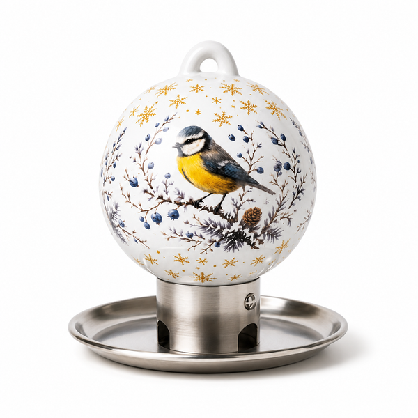 SANILU Gartenseele Premium Porzellan-Futterkugel mit Blaumeisen-Motiv und Edelstahl-Futterschale