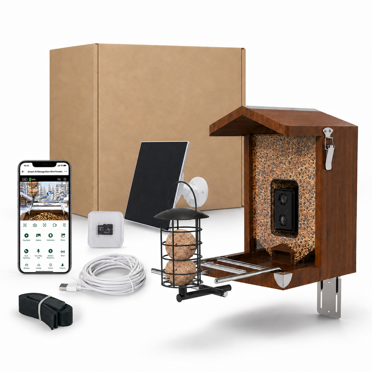 Vogelfutterhaus mit Kamera und Futterkübel – Komplettset mit Solarpanel und Zubehör